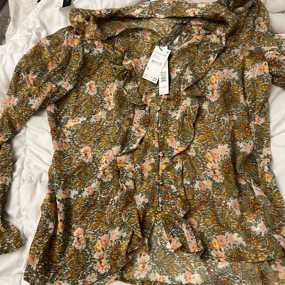 New Tahari Floral Ruffle Blouse in Olive and Peach
